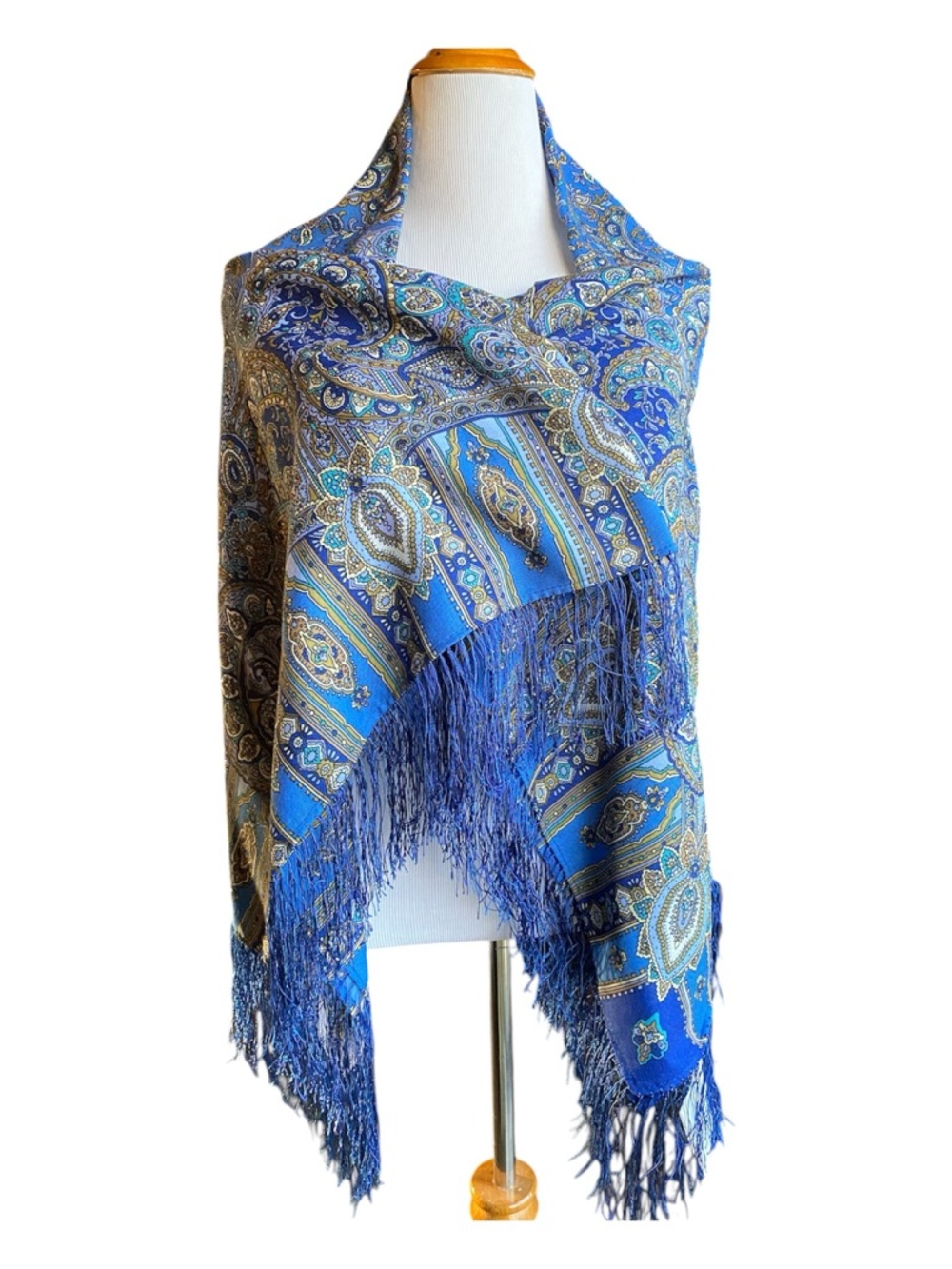 Pavloposad Russian Blue Paisley Wool Shawl with Silk Fringe